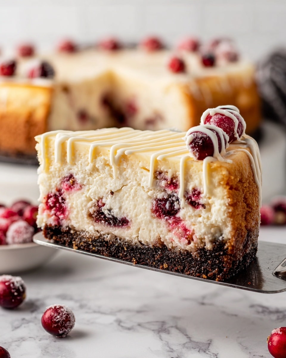 This image shows a round cheesecake with three clear layers. The bottom layer is a dark, crumbly crust that looks like crushed chocolate cookies. The middle layer is thick and creamy with a pale yellow color and hints of red berries mixed inside. The top layer is a smooth, golden-brown baked surface with light, thin white lines of glaze drizzled over it. A cluster of fresh, sugar-coated red and dark red cranberries is placed on one side of the cheesecake, garnished with green rosemary sprigs. The cheesecake is on a white marbled surface, and the photo taken with an iphone --ar 4:5 --v 7