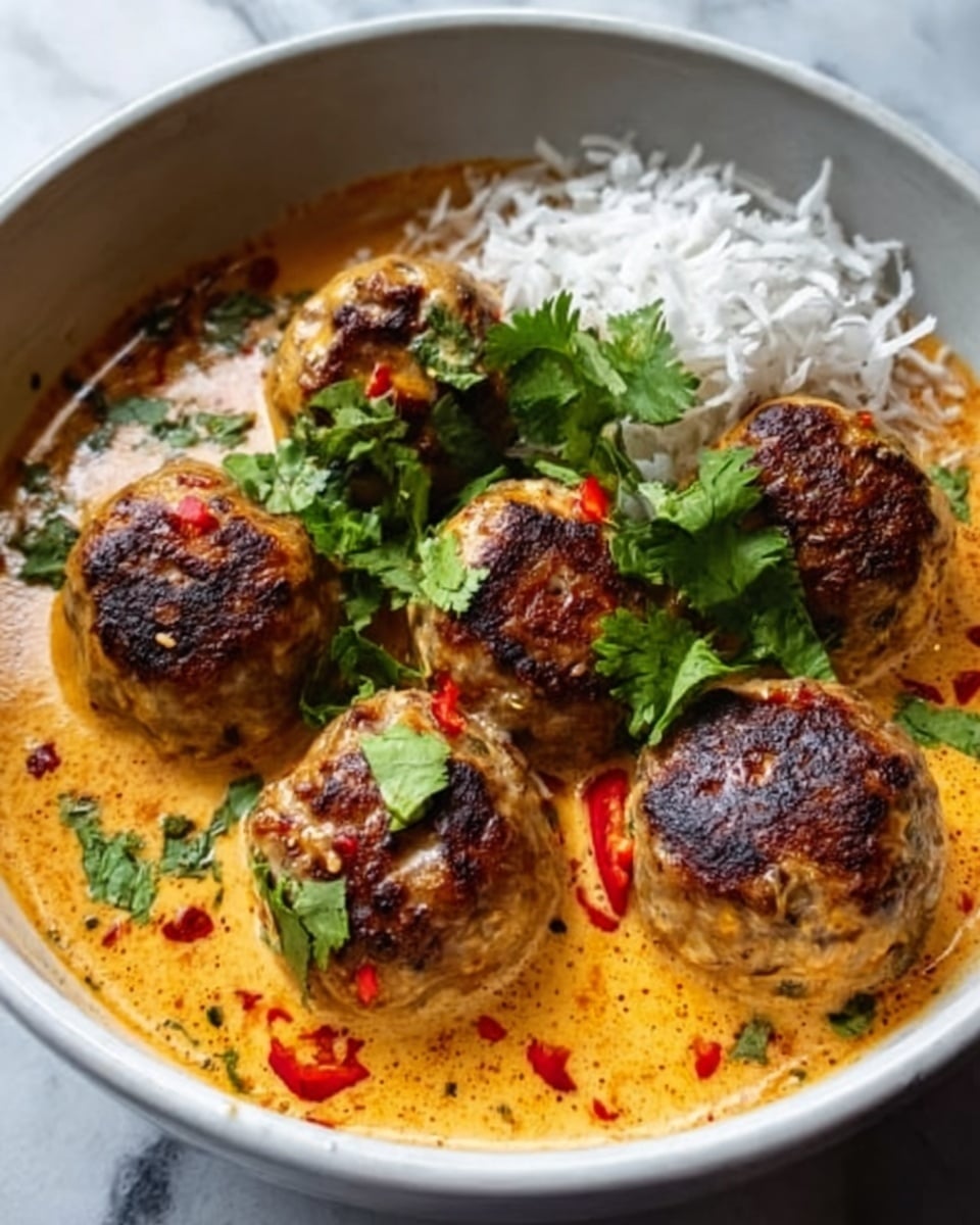 A white bowl filled with five golden brown grilled meatballs sitting in a creamy orange sauce that has small bits of red pepper. On one side of the bowl, there is a small pile of white shredded coconut. Fresh green cilantro leaves are sprinkled on top of the meatballs and sauce. The bowl is placed on a white marbled surface. photo taken with an iphone --ar 4:5 --v 7
