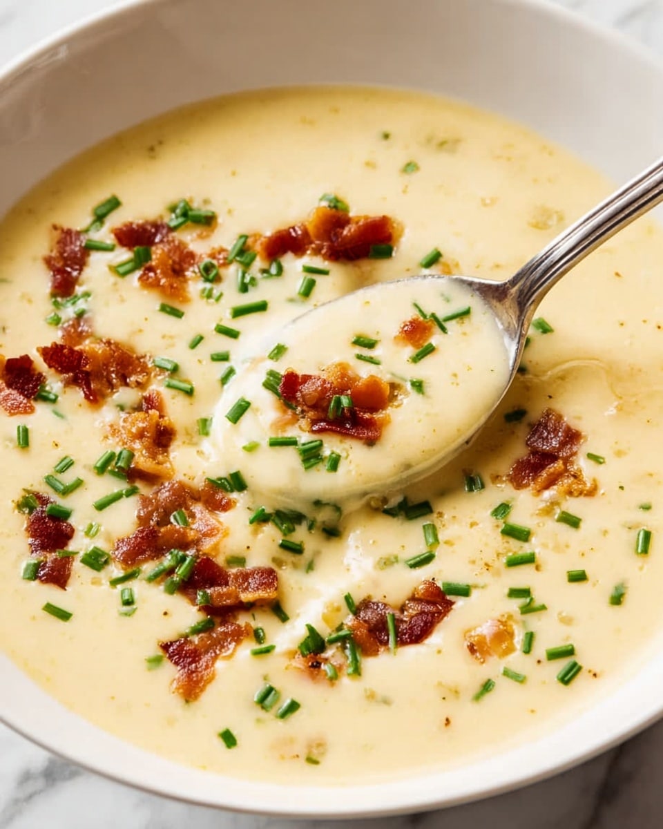 A close-up of a white bowl filled with creamy pale yellow soup that has a smooth texture. On the surface, there are small, crispy brown bacon pieces and bright green chopped chives scattered evenly. A metal spoon is scooping into the soup from the right side, just above the bowl. The background is a white marbled surface, and the light source brings out the creamy texture with a slight sheen. photo taken with an iphone --ar 4:5 --v 7