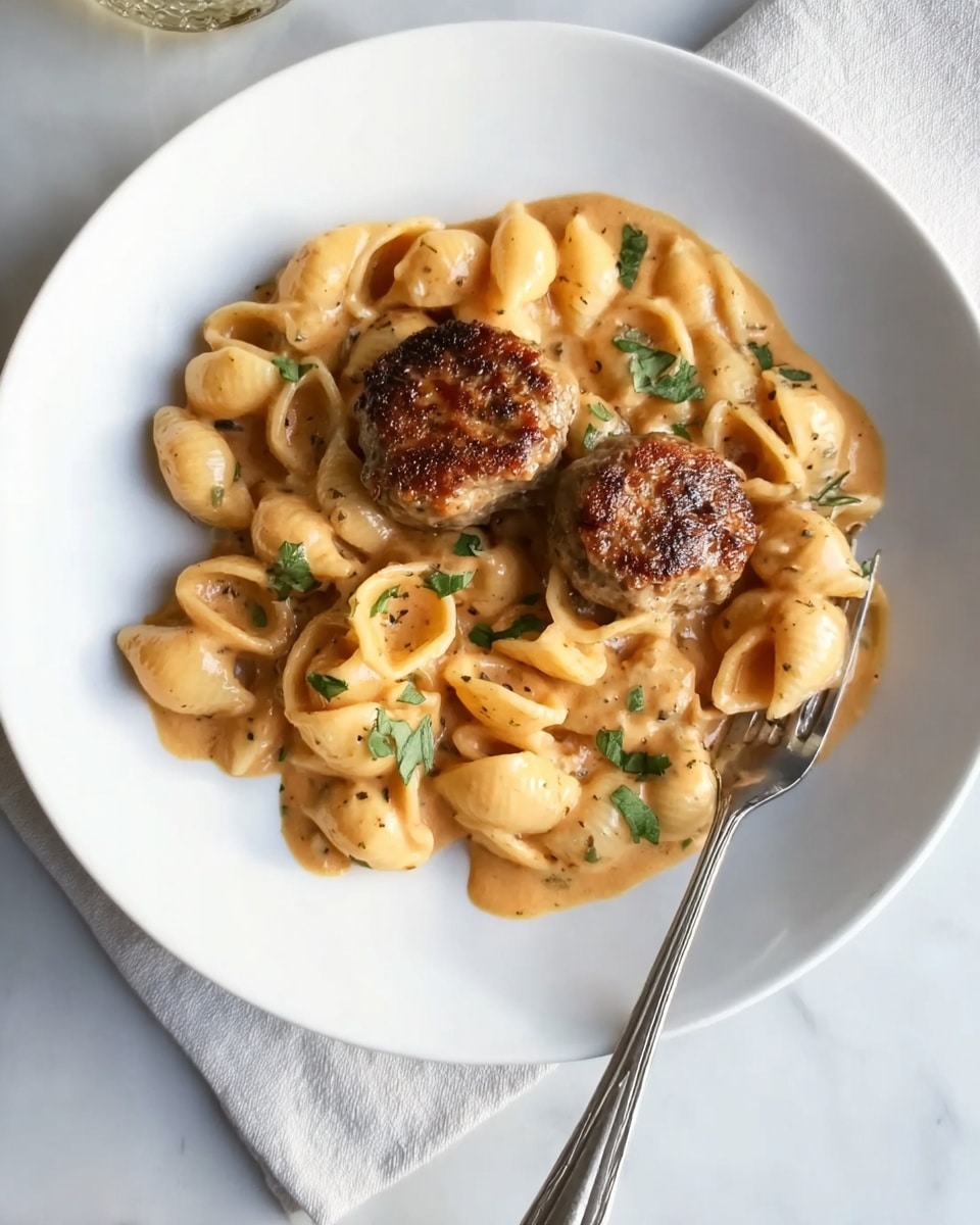 A white plate sits on a white marbled surface holding a serving of pasta shaped like small shells coated in a creamy light orange sauce. On top of the pasta, there are two browned meatballs with a slight crispy texture. Small green herb leaves are sprinkled over both the pasta and meatballs for a touch of freshness. A silver fork rests on the right side of the plate, slightly touching the food. The lighting is soft and natural, enhancing the warm colors of the dish. Photo taken with an iphone --ar 4:5 --v 7