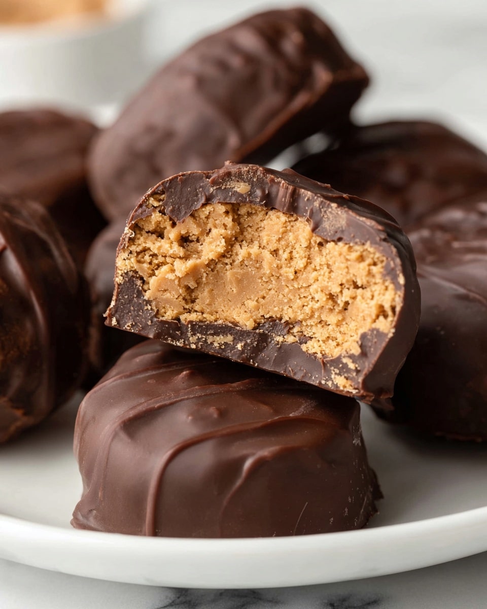The image shows a white plate filled with round chocolate-covered balls that have a slightly shiny and textured dark brown outer layer. One ball at the front is bitten to show the inside, revealing a light tan, crumbly filling with a rough texture. The chocolate coating is uneven and thick, with a few drips pooling at the base of some balls. The plate sits on a white marbled surface. Photo taken with an iphone --ar 4:5 --v 7