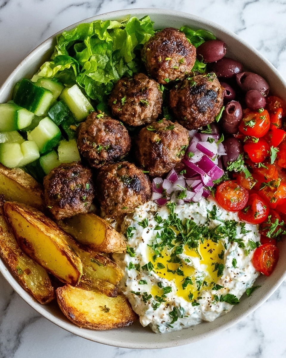 A bowl with six browned meatballs placed in a line near the center. Around the meatballs are layers of food: on the top left, uneven green lettuce and light green cucumber pieces; near the top right, a small mix of dark purple olives, brown beans, and small red onion pieces; on the right side, bright red tomato chunks with scattered green herbs; in the center bottom, a creamy white yogurt sauce with green herbs and a drizzle of yellow olive oil on top; along the lower edge, golden-brown potato wedges with a slightly crispy texture. All the food is in a white bowl sitting on a white marbled surface. Photo taken with an iphone --ar 4:5 --v 7