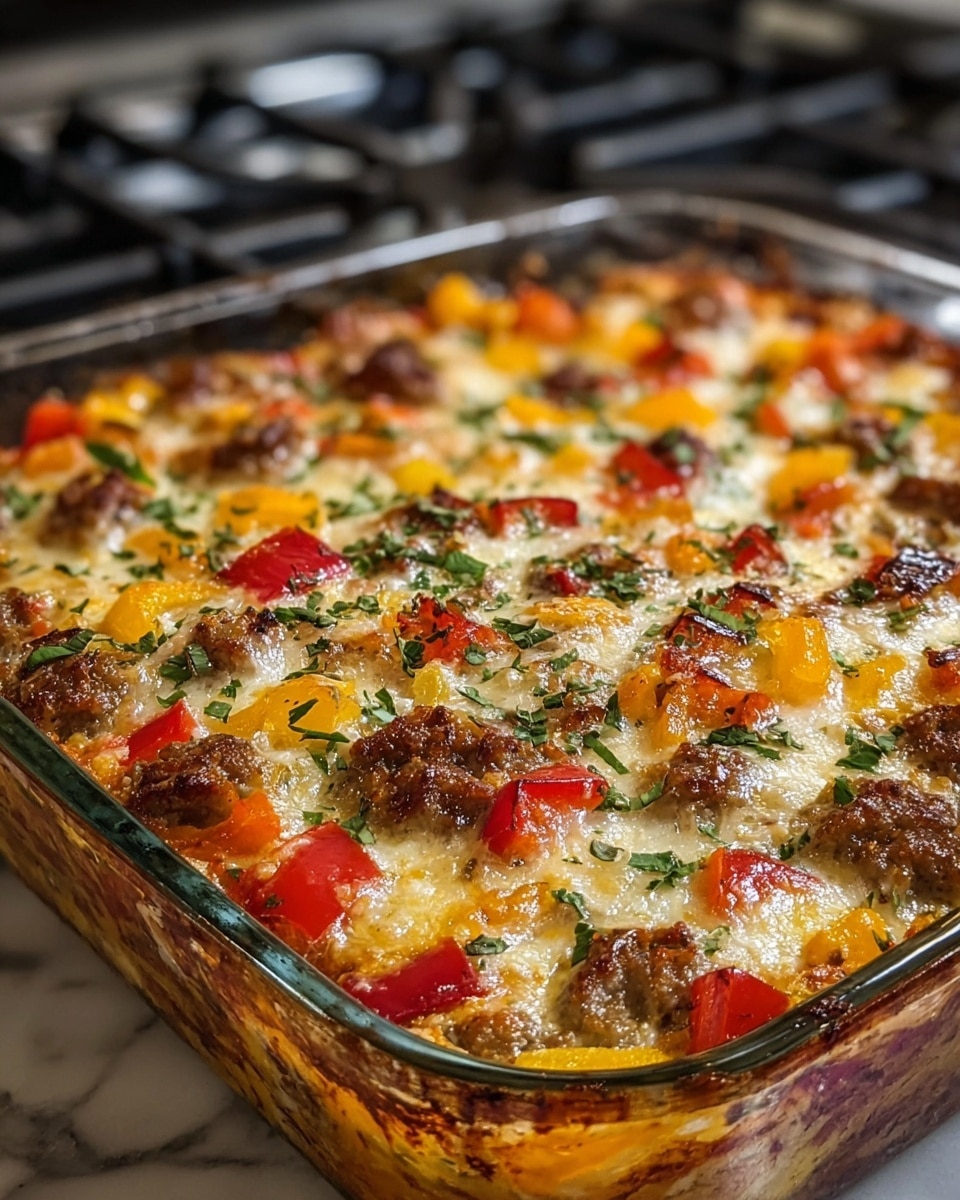 The image shows a baked casserole in a clear glass rectangular dish placed on a stove. The casserole has several layers visible from the side: at the bottom, chunks of cooked red, yellow, and orange bell peppers mixed with some onion pieces. On top of the vegetables are browned sausage slices spread evenly across the dish. The top layer is melted cheese that is golden brown in some spots, slightly bubbling, and sprinkled with small green herb leaves, possibly fresh basil or parsley. The glass dish has some baked-on brown spots on the outside edges, adding to the homemade feel. Photo taken with an iphone --ar 4:5 --v 7