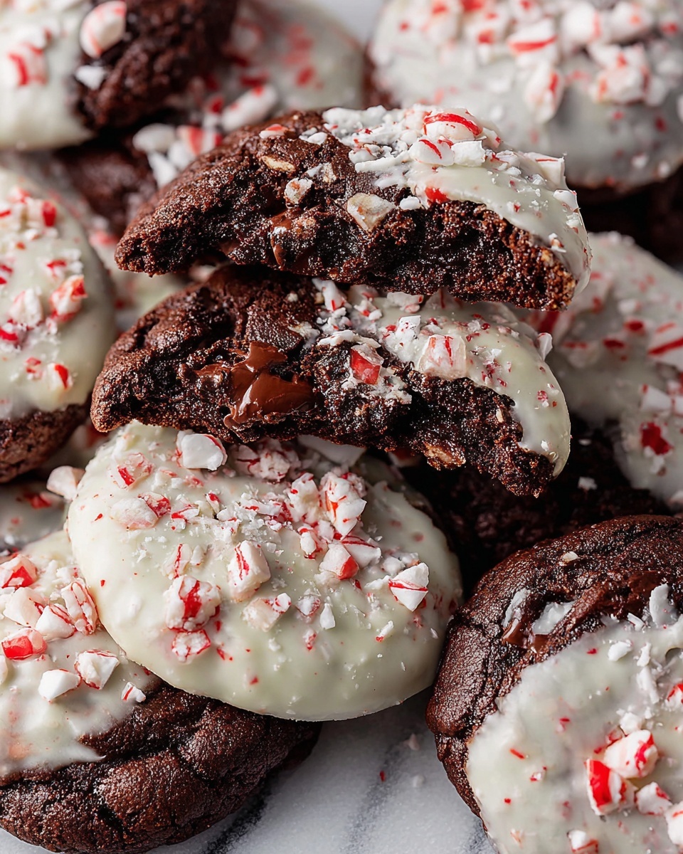 The image shows multiple round chocolate cookies laying flat on a white marbled surface. Each cookie is partly covered with a smooth white coating that visually looks like icing or chocolate dip, covering roughly half of the cookie's top. On the white coated part, there are small and larger chunks of crushed peppermint candy scattered all over, adding red and white specks against the white coating. The uncoated half of the cookie shows a dark, rich, and slightly cracked chocolate surface. The cookies are arranged closely but not stacked, showing their rough, textured edges clearly. Photo taken with an iphone --ar 4:5 --v 7