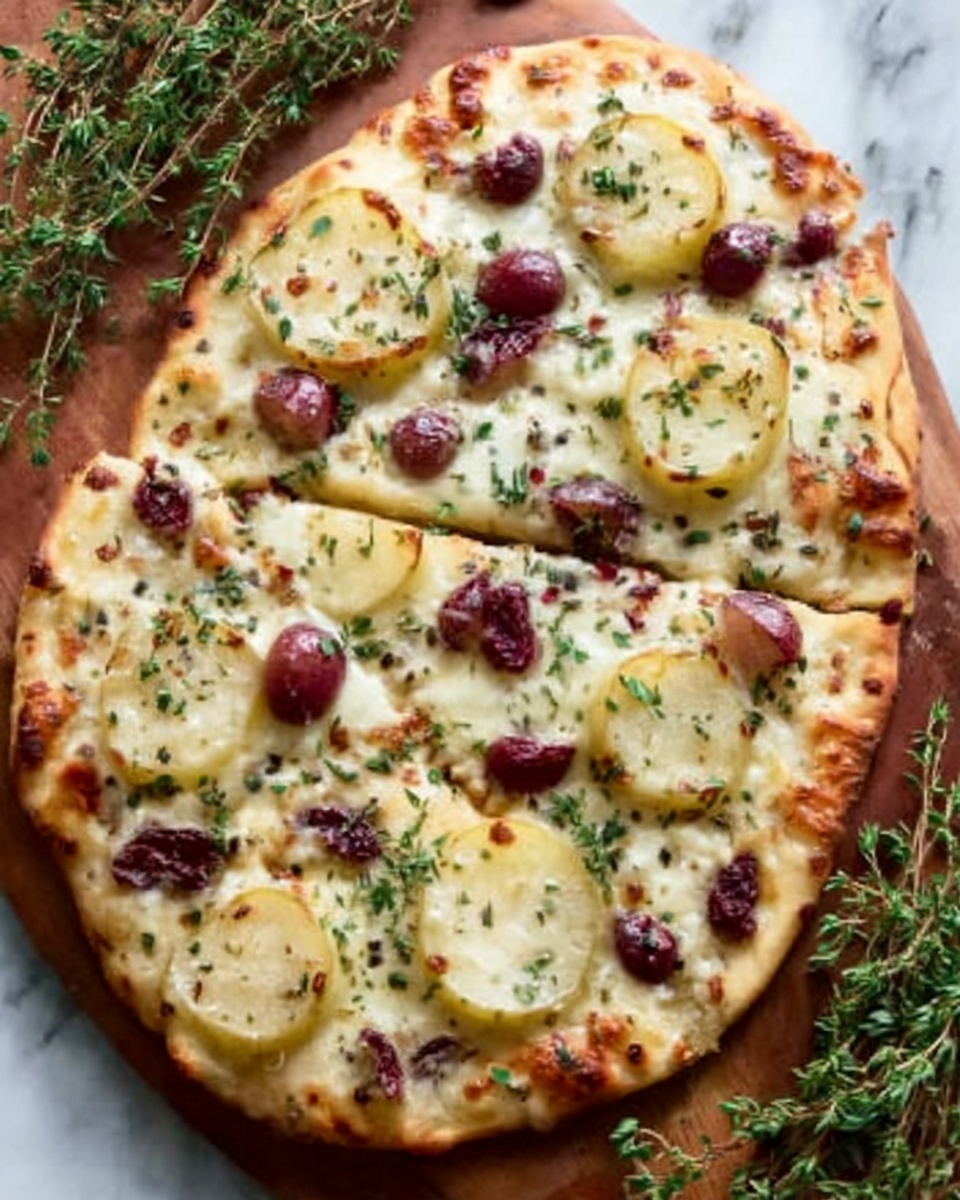 The image shows a flatbread pizza with a golden crust and melted white cheese spread evenly on top. There are thin slices of light yellow pears scattered across the pizza, mixed with small dark red grape halves. Fresh green thyme leaves are sprinkled all over, adding a touch of color and texture. The flatbread is placed on a wooden board with green thyme sprigs around it, all set against a white marbled surface. Photo taken with an iphone --ar 4:5 --v 7