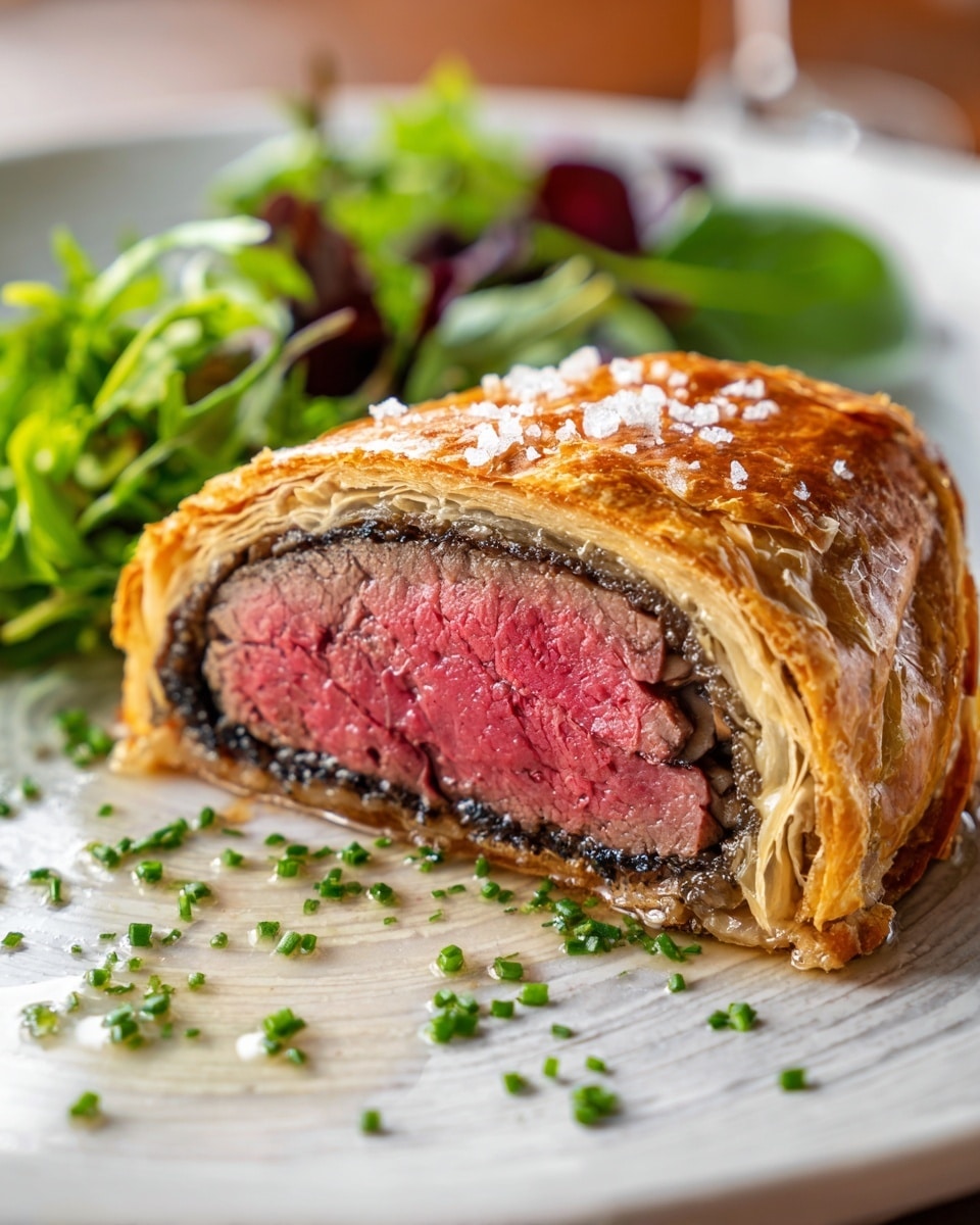 A sliced Beef Wellington is shown on a wooden board with a white marbled background. The dish has three main layers: the outer golden brown puff pastry with a shiny, flaky texture, the middle dark mushroom duxelles layer that is slightly crumbly, and the inner thick filet steak layer, cooked medium rare with a bright pink center and a darker pink ring around it. There are two slices cut from the main piece lying flat on the board, with some green chopped chives sprinkled on and around the meat, and flakes of coarse salt on the pastry. A clear small bowl filled with chopped chives is on the left side, and a knife with a shiny blade is placed on the right side. Photo taken with an iphone --ar 4:5 --v 7