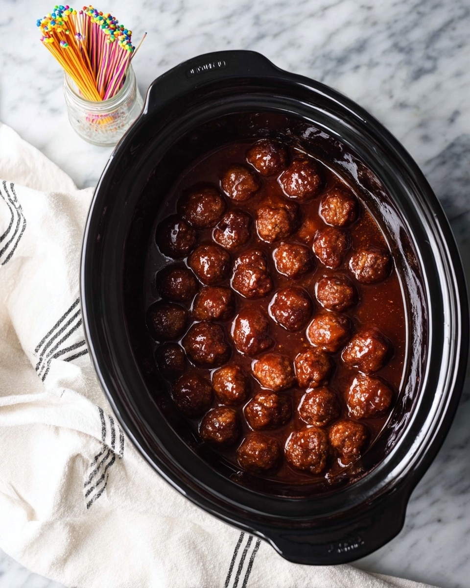 A white bowl full of shiny brown meatballs covered in a thick, dark red sauce, sprinkled with small pieces of green onions on top. The meatballs are packed closely, showing a glossy texture from the sauce. The bowl sits on a white marbled surface with a striped cloth and a glass jar with colorful sticks blurred in the background. photo taken with an iphone --ar 4:5 --v 7