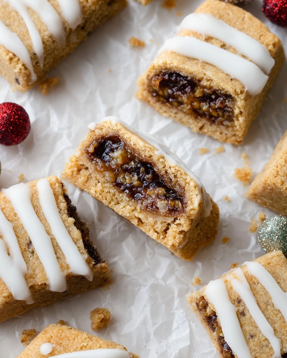 The image shows about sixteen small rectangular cookies on a metal grid cooling rack with a handle, placed on beige parchment paper over a white marbled surface. Each cookie has two layers: a golden-brown top and bottom layer with a crumbly texture, and a dark brown fruit filling visible in some cut cookies. The cookies are drizzled with white icing in thin lines across the top. Around the rack, there are decorative details including two pine cones, three fig halves with deep red interiors and greenish-purple rinds, cinnamon sticks tied with red string, a green pine branch with red berries, and a glass jar filled with cream or icing accompanied by a metal spoon. Photo taken with an iphone --ar 4:5 --v 7