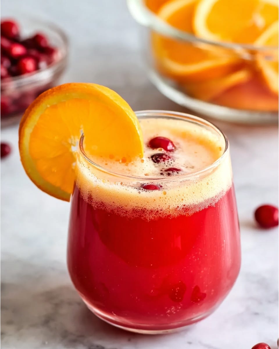 A clear round glass holds a two-layer drink with a thick red bottom layer and a thick light yellow foam on top, decorated with small red berries floating on the foam; a bright orange slice rests on the rim. Behind it is a large clear round bowl filled with the same two-layer drink, topped with an orange slice and a spoon inside. In the background, orange halves and a small white bowl filled with red berries sit on a white marbled surface. photo taken with an iphone --ar 4:5 --v 7