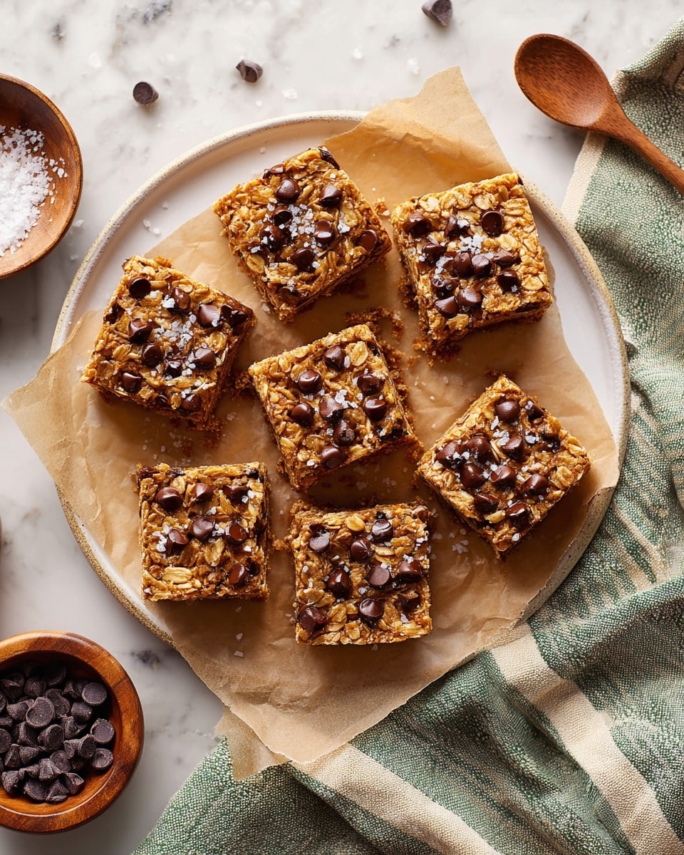 Two thick, square oatmeal pieces stacked on each other sit on a white plate with a light brown edge. The oatmeal squares are textured with visible oats and have patches of melted dark chocolate throughout. The top piece shows several chocolate chips on top, some with a bit of salt flakes. The background is a soft, warm brown color, and a green and white striped cloth is loosely placed behind the plate on a white marbled surface. Some chocolate chips are scattered on the surface near the plate. Photo taken with an iphone --ar 4:5 --v 7