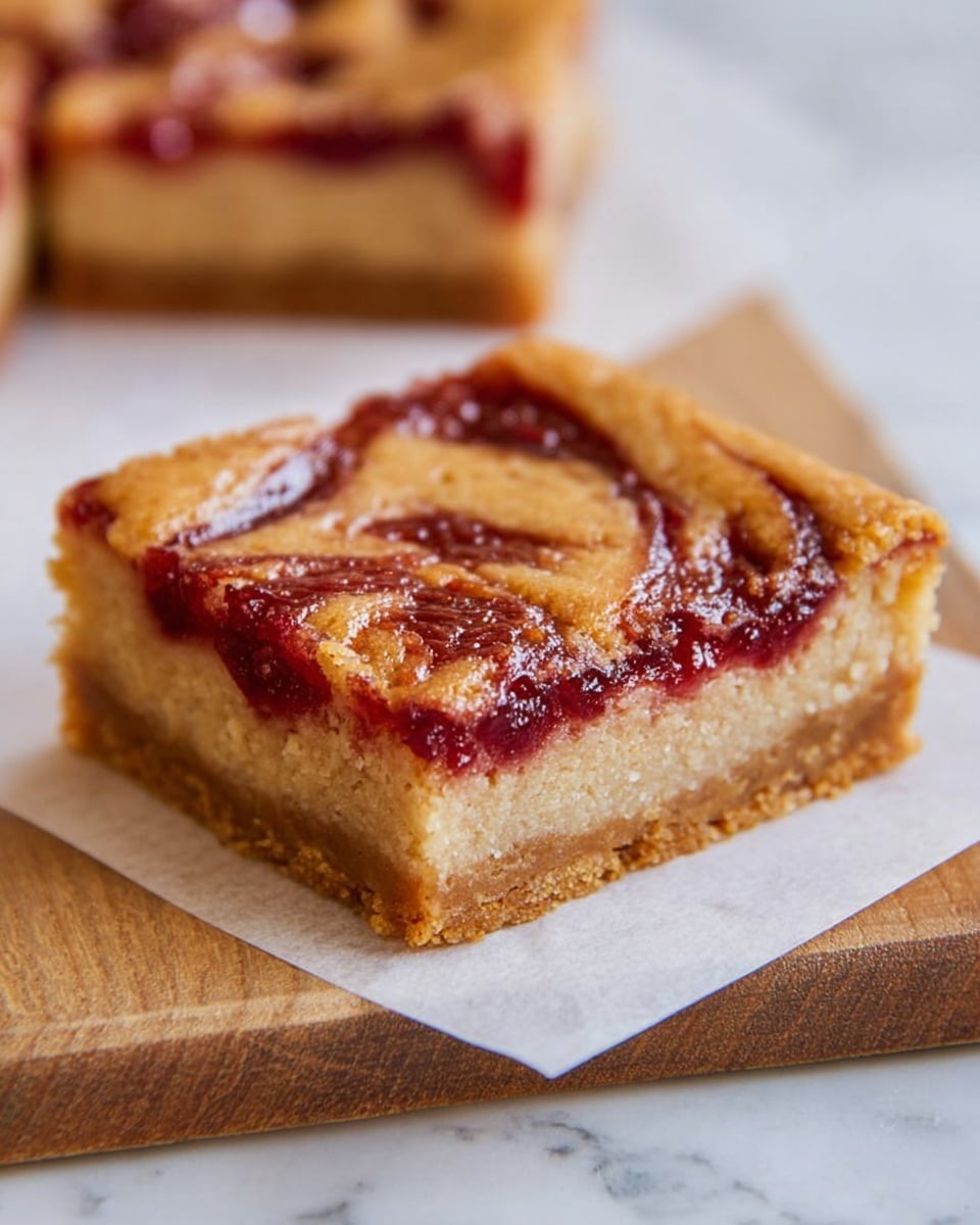 The image shows a single square bar with three clear layers. The bottom layer is a thin, light brown crust that looks firm and slightly crumbly. The middle layer is thick and smooth with a light beige color, appearing dense and soft. The top layer is a golden-brown baked dough with swirls of shiny, deep red jam creating a marbled effect on the surface. The bar sits on a piece of white parchment paper, placed on a wooden board with a white marbled background visible at the edges. Photo taken with an iphone --ar 4:5 --v 7