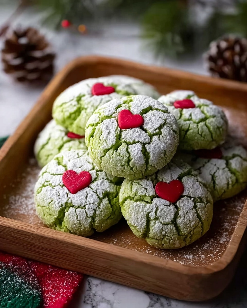 Three bright green cookies with cracked surfaces sit stacked on a small wooden board. Each cookie is dusted with white powder and topped with a small red heart-shaped decoration in the center. The wooden board rests on a red and green plaid cloth, and the scene is set against a white marbled surface with soft, out-of-focus warm lights and pinecones in the background. A woman's hand is gently touching the edge of the top cookie. photo taken with an iphone --ar 4:5 --v 7