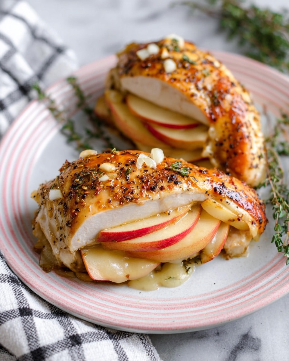 The dish shows two pieces of cooked, golden brown chicken on a white plate with a ridged pattern. Each chicken piece is sliced open and layered with thin, red-edged apple slices and melted, creamy cheese in the middle. The chicken looks juicy with a slightly shiny, seasoned surface that has black pepper and herbs. Around the chicken on the plate, there are small green sprigs of thyme and golden honey drops. In the background on a white marbled surface, there are more slices of apple, a fork, and a white cloth with black stripes. The overall look is warm, fresh, and inviting. photo taken with an iphone --ar 4:5 --v 7