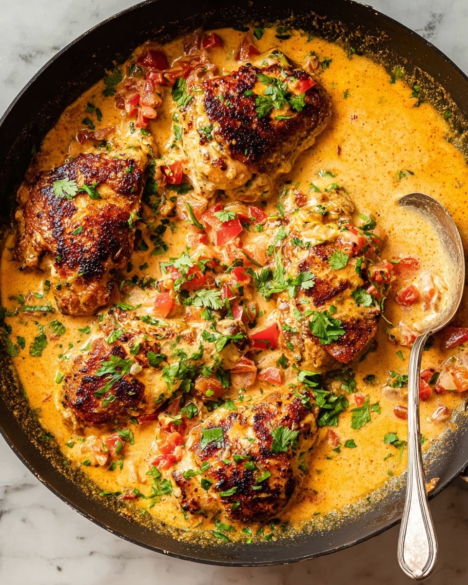In a black frying pan placed on a white marbled surface, there are five thick, browned pieces of chicken partially covered in a creamy orange sauce with chunks of red tomatoes and bits of green herbs scattered on top and around. The sauce looks rich with a smooth texture and small pieces of onions or garlic visible. Some parsley or cilantro leaves are sprinkled over the chicken, adding green accents. A silver spoon is partially visible to the right, submerged in the sauce, showing more sauce around the chicken. The scene is lit warmly, highlighting the juicy texture of the chicken and the creaminess of the sauce photo taken with an iphone --ar 4:5 --v 7