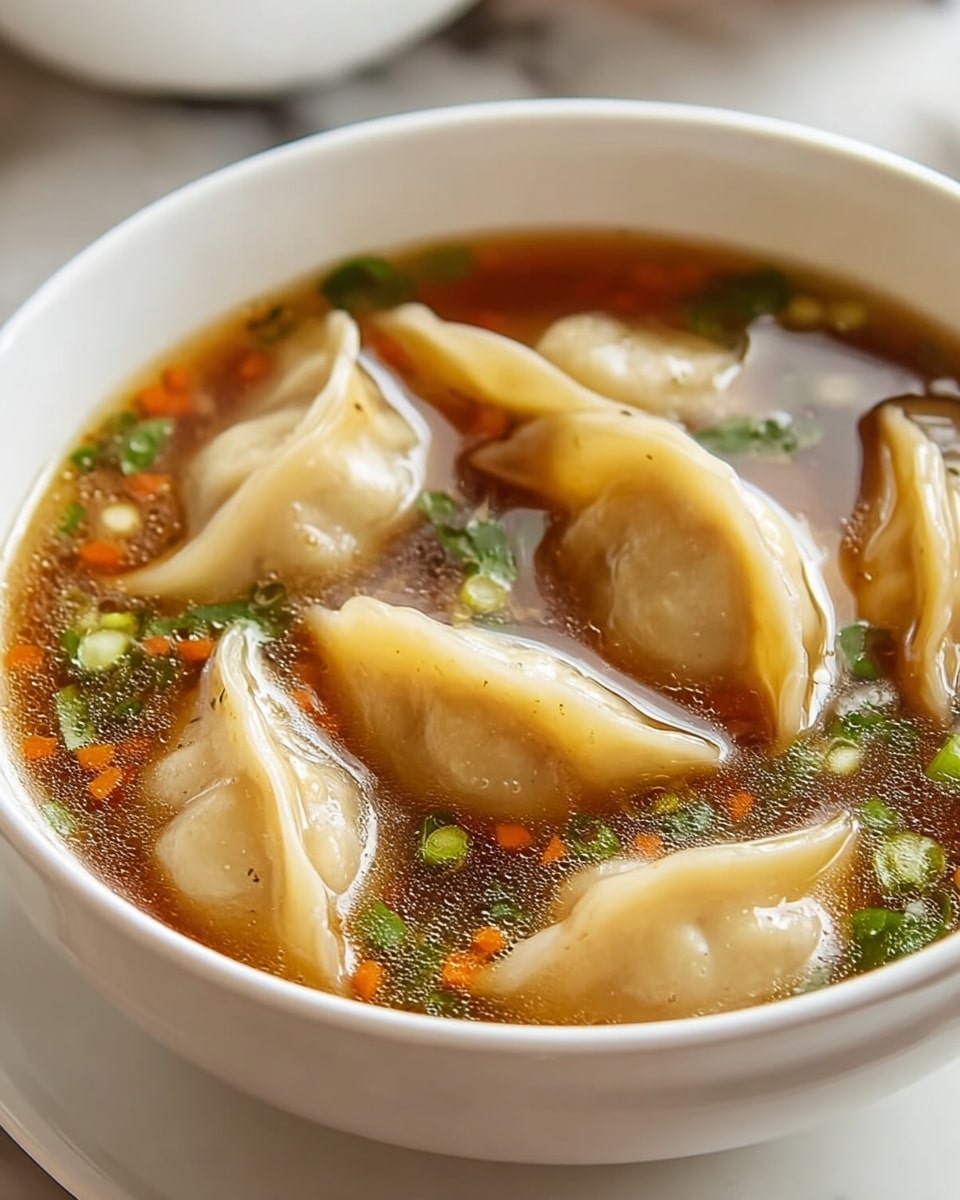 A close-up view of a white bowl filled with a warm broth that has a rich brown color with some oil spots floating on top; inside the broth are several light beige dumplings with soft, smooth skins that are slightly wrinkled and folded into triangular shapes. Green chopped scallions and small black and white sesame seeds are sprinkled across the surface, adding texture and color contrast. The bowl is set on a white marbled surface with a blurred background that hints at green herbs. The overall look is inviting and cozy. photo taken with an iphone --ar 4:5 --v 7