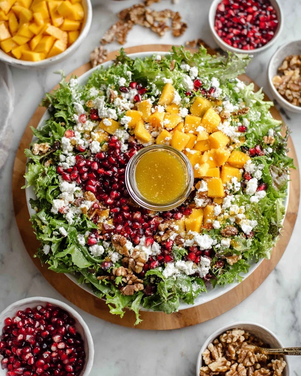 A large round salad is shown on a white plate, placed on a wooden board on a white marbled surface. The salad has three main layers: the bottom layer is bright green leafy lettuce with curly and jagged edges, the middle layer has chunky orange mango pieces and bright red pomegranate seeds scattered evenly, and the top layer is white crumbly feta cheese sprinkled all over. There are also light brown walnuts mixed into the salad. In the center of the salad, there is a small glass jar filled with golden yellow dressing. Around the salad, there are several white bowls with more mango pieces, pomegranate seeds, walnuts, and feta cheese. Photo taken with an iphone --ar 4:5 --v 7