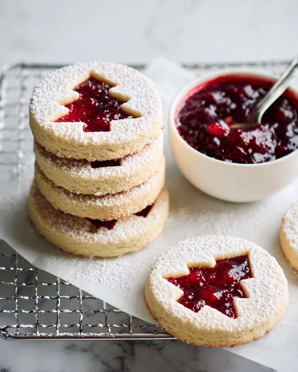The image shows four round cookies with three layers each: a bottom layer of light golden cookie, a middle layer of dark red jam thick with seeds, and a top layer of light golden cookie with a Christmas tree shape cut out, dusted with white powdered sugar. The cookies are placed on a silver cooling rack atop a white marbled surface. To the left of the cookies, there is a small white bowl filled with the same dark red jam and a silver spoon inside it. A small metal cookie cutter in the shape of a Christmas tree lies nearby on the surface. Photo taken with an iphone --ar 4:5 --v 7