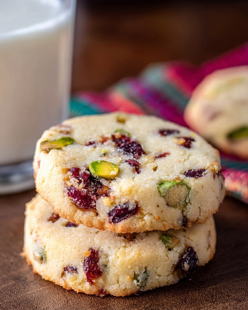 A stack of six round shortbread cookies with a light golden-brown color and visible bits of red and green fruit pieces evenly spread inside each cookie, placed on a white marbled surface with a square piece of white parchment paper under the stack. In the blurry background, there is a tall white glass of milk. photo taken with an iphone --ar 4:5 --v 7