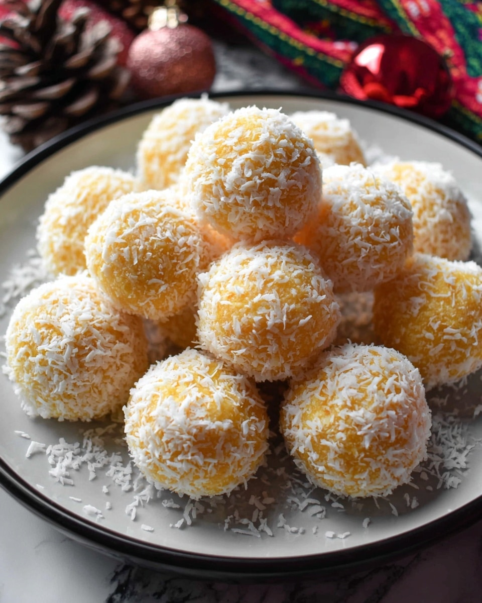 The image shows a close-up of round, light yellow balls coated with white shredded coconut all over. One ball is in the center with a bite taken out, revealing a soft and textured inside that looks creamy and slightly fibrous. The balls are piled on a white plate, and the whole scene is set on a white marbled surface, giving a clean and simple look. The light is bright, highlighting the texture of the coconut and the smooth inside of the bitten ball. photo taken with an iphone --ar 4:5 --v 7