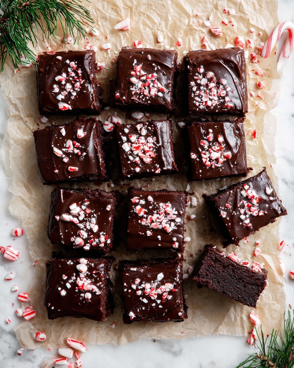 A square chocolate cake with one thick layer is shown on white parchment paper over a white marbled surface. The top layer is covered with shiny, dark chocolate glaze spread unevenly, with swirled texture. Small pieces of red and white crushed candy canes are scattered all over the chocolate glaze. Around the cake, whole candy canes are placed, and there are some small green branches on the left side of the image. photo taken with an iphone --ar 4:5 --v 7