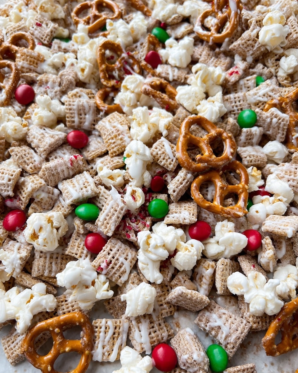 A large white bowl is filled with a colorful Christmas snack mix, featuring layers of light brown pretzels coated in a white icing, white popcorn, and pale tan cereal pieces all mixed together. Small round red, green, and white candy pieces are scattered throughout, adding bright pops of color. The bowl rests on a white marbled surface with a white cloth underneath and holiday ornaments in red and silver around it, with a wooden spoon on the side. photo taken with an iphone --ar 4:5 --v 7