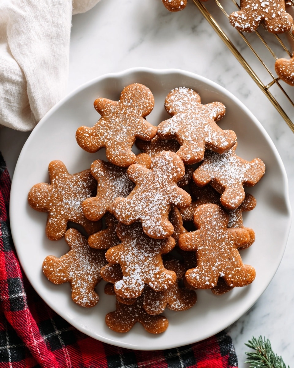 A white round plate is filled with two layers of gingerbread cookies shaped like gingerbread men. The cookies are a warm brown color with slightly darker edges and a light dusting of powdered sugar on top, creating a soft, powdery texture on some. The plate is set on a white marbled surface, partly on top of a red and black checkered cloth. In the top left corner, part of a white cloth and a cooling rack are visible, adding to the cozy setting. photo taken with an iphone --ar 4:5 --v 7