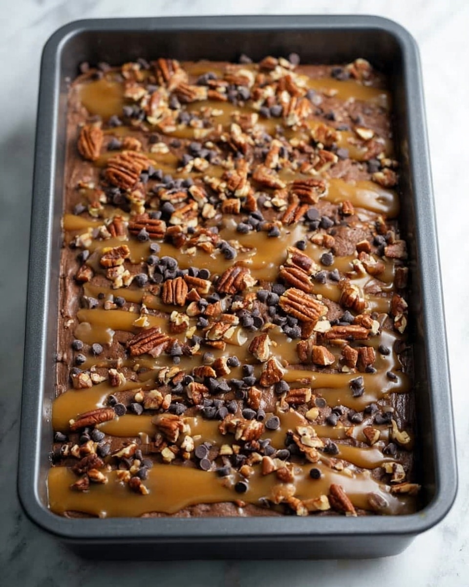 A baked dessert in a dark rectangular pan showing three main visible layers: the base layer is thick and chocolate brown with a smooth texture, topped with small dark chocolate chips scattered all over, next a golden caramel drizzle spread unevenly across the surface, and sprinkled with whole and broken pecan nuts adding a rough texture and rich brown color contrast. The pan is placed on a white marbled surface. Photo taken with an iphone --ar 4:5 --v 7