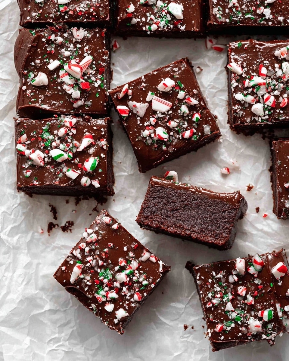The image shows many square chocolate brownies arranged on crumpled white parchment paper over a white marbled surface. Each brownie has two layers: a dark brown, soft cake base and a thick, shiny, dark chocolate frosting on top. The glossy chocolate frosting is covered with small pieces of crushed peppermint candy, which are white, red, and green, scattered evenly across the top surface. One brownie is tilted, showing the cake layer clearly, and some crumbs are scattered around. The image is bright and clean, highlighting the rich texture and colors of the brownies. photo taken with an iphone --ar 4:5 --v 7