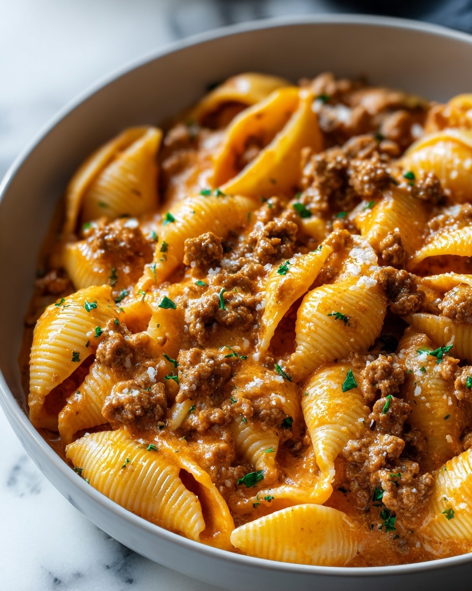 The image shows a close-up of a bowl filled with pasta shells mixed with ground meat sauce. The pasta is creamy with a rich orange tint from the sauce that clings to each shell. The ground meat pieces are small and brown, evenly spread throughout the dish. Small bits of fresh green herbs are scattered on top, adding contrast. A silver spoon is standing upright in the bowl, which is white and set against a white marbled surface. The photo is bright and detailed, highlighting the textures of the pasta and meat. photo taken with an iphone --ar 4:5 --v 7
