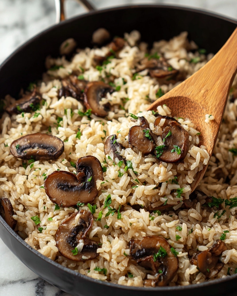 A white bowl filled with cooked rice mixed with brown sautéed mushroom slices scattered throughout. The rice is light brown and glossy, showing a soft and fluffy texture, while the mushroom slices are slightly shiny with visible gills and browned edges. Fresh green chopped parsley is sprinkled evenly over the rice and mushrooms, adding a touch of color. The bowl sits on a white marbled surface with a few parsley leaves around it. The photo taken with an iphone --ar 4:5 --v 7