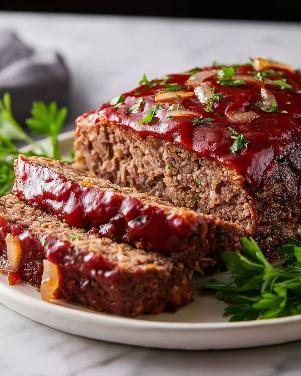 A thick rectangular meatloaf coated in a shiny reddish-brown sauce with visible chunks of cooked onions rests on a large white plate. The sauce glistens and drips slightly down the sides, with fresh green parsley sprinkled on top and to the side of the meatloaf. The interior of the meatloaf shows a coarse, tender texture with a bit missing from the front right, revealing the inside. The plate sits on a white fabric napkin, with a gold fork and knife beside it. In the blurred background, some white bowls hold red tomatoes and green vegetables, all set on a white marbled surface. photo taken with an iphone --ar 4:5 --v 7