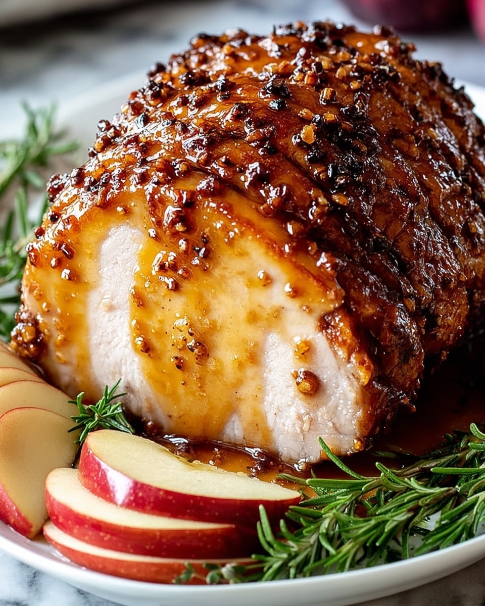 A large piece of roasted meat with a shiny, dark brown crust is placed slightly off center on a white plate. The meat has a thick layer of golden skin on top that glistens with a sticky glaze. On the plate, around the lower edge of the meat, are thinly sliced red apples with their shiny skins facing up, arranged in a neat curved row. Under the apples and along the base of the meat are sprigs of fresh green rosemary. The plate sits on a white marbled surface, and soft focused background elements add warmth to the scene. photo taken with an iphone --ar 4:5 --v 7