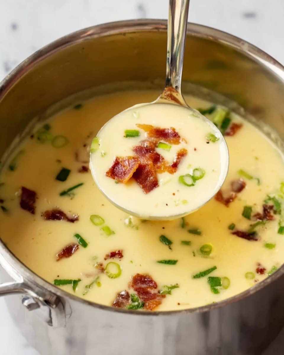 A close-up image showing a ladle lifting a creamy, pale yellow soup from a shiny metal pot. The soup is thick and smooth with small pieces of crispy, reddish-brown bacon and green slices of spring onion scattered on the surface and inside the ladle. The pot stands on a white marbled surface, and the texture of the soup looks rich and warm. The metal ladle’s handle extends upward, catching light, adding a shiny contrast to the soft colors of the soup. Photo taken with an iphone --ar 4:5 --v 7
