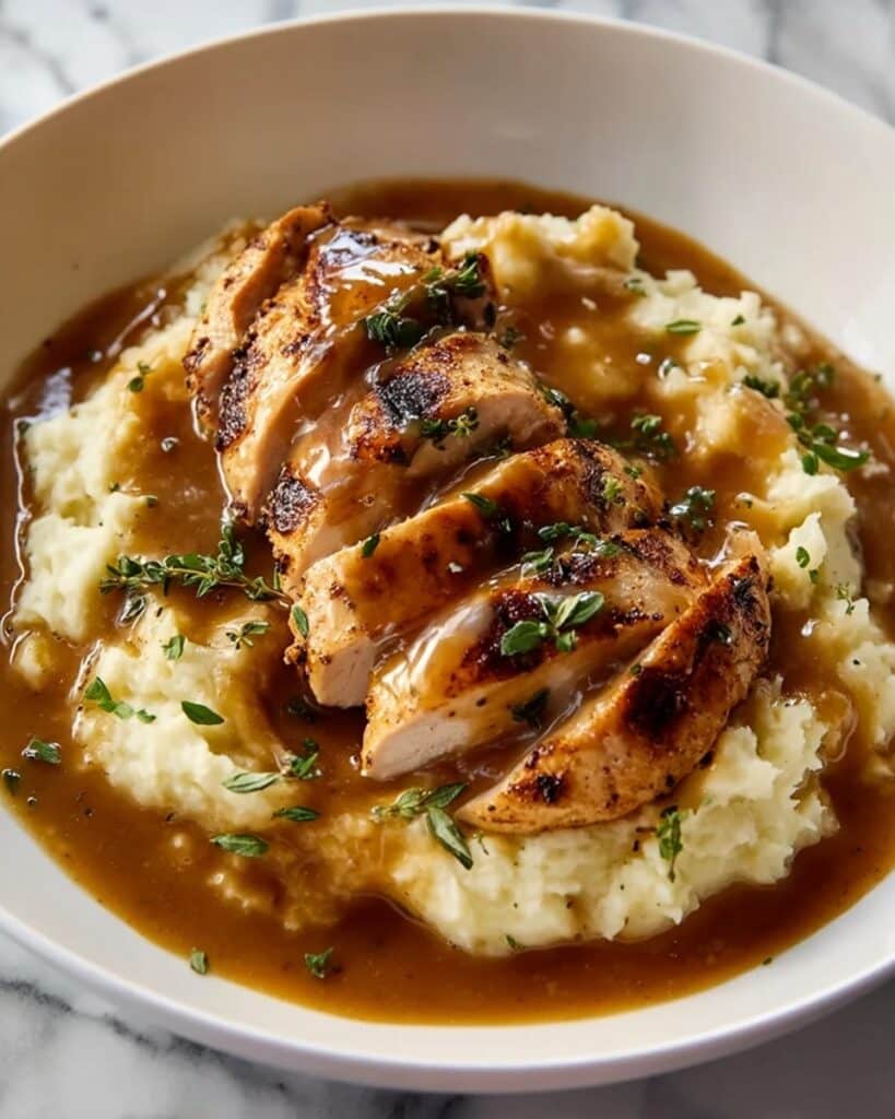 Chicken and Garlic Gravy with Cheesy Yukon Gold Mashed Potatoes Recipe