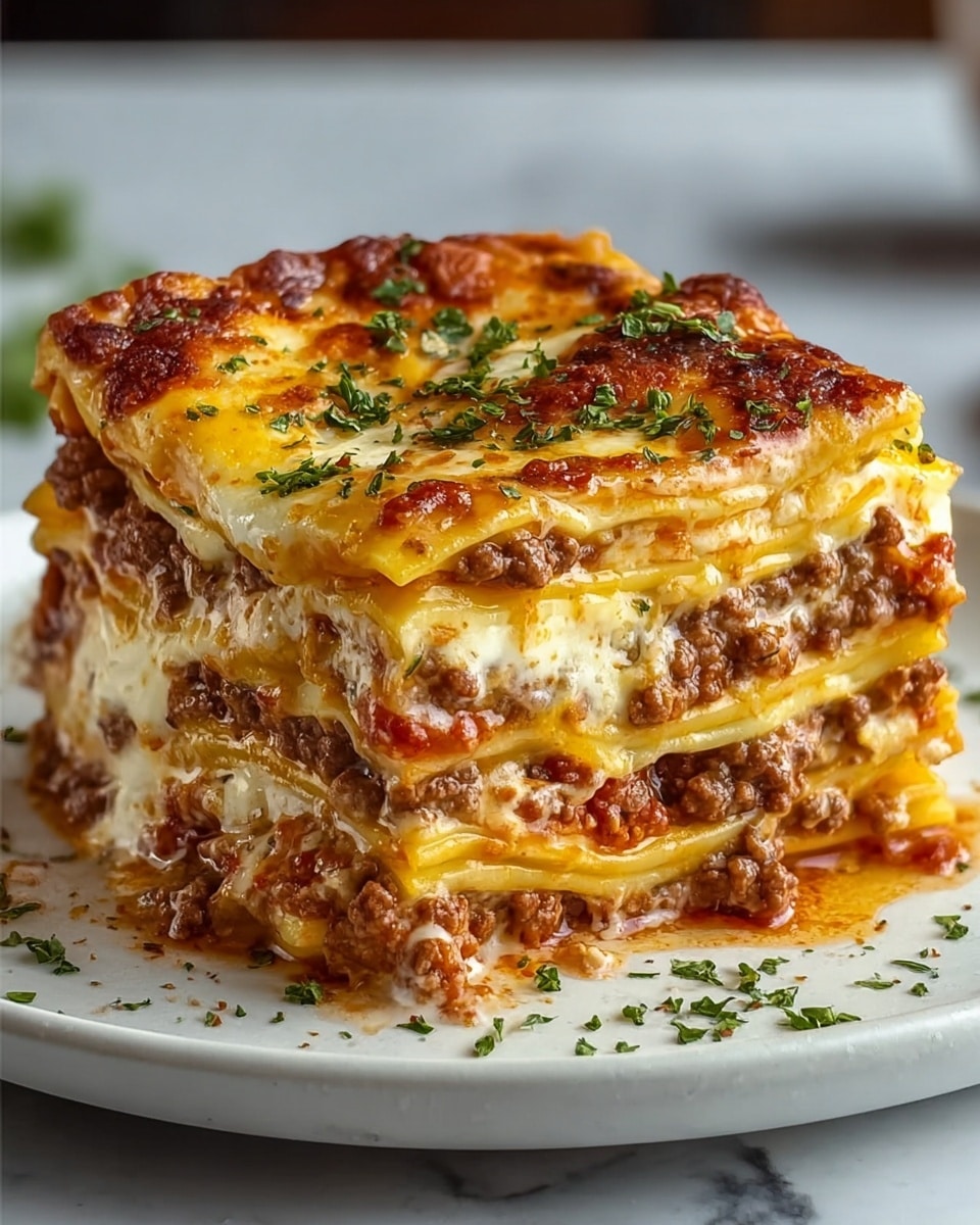 A thick slice of lasagna sits on a white plate, showing five visible layers of yellow pasta sheets alternated with layers of brown ground meat mixed with red tomato sauce and white creamy cheese. The top layer is golden brown melted cheese with small bits of green herbs sprinkled on it. The lasagna looks juicy, with sauce slightly oozing out from the sides, and small green herb pieces are also scattered around the plate on a white marbled surface. photo taken with an iphone --ar 4:5 --v 7