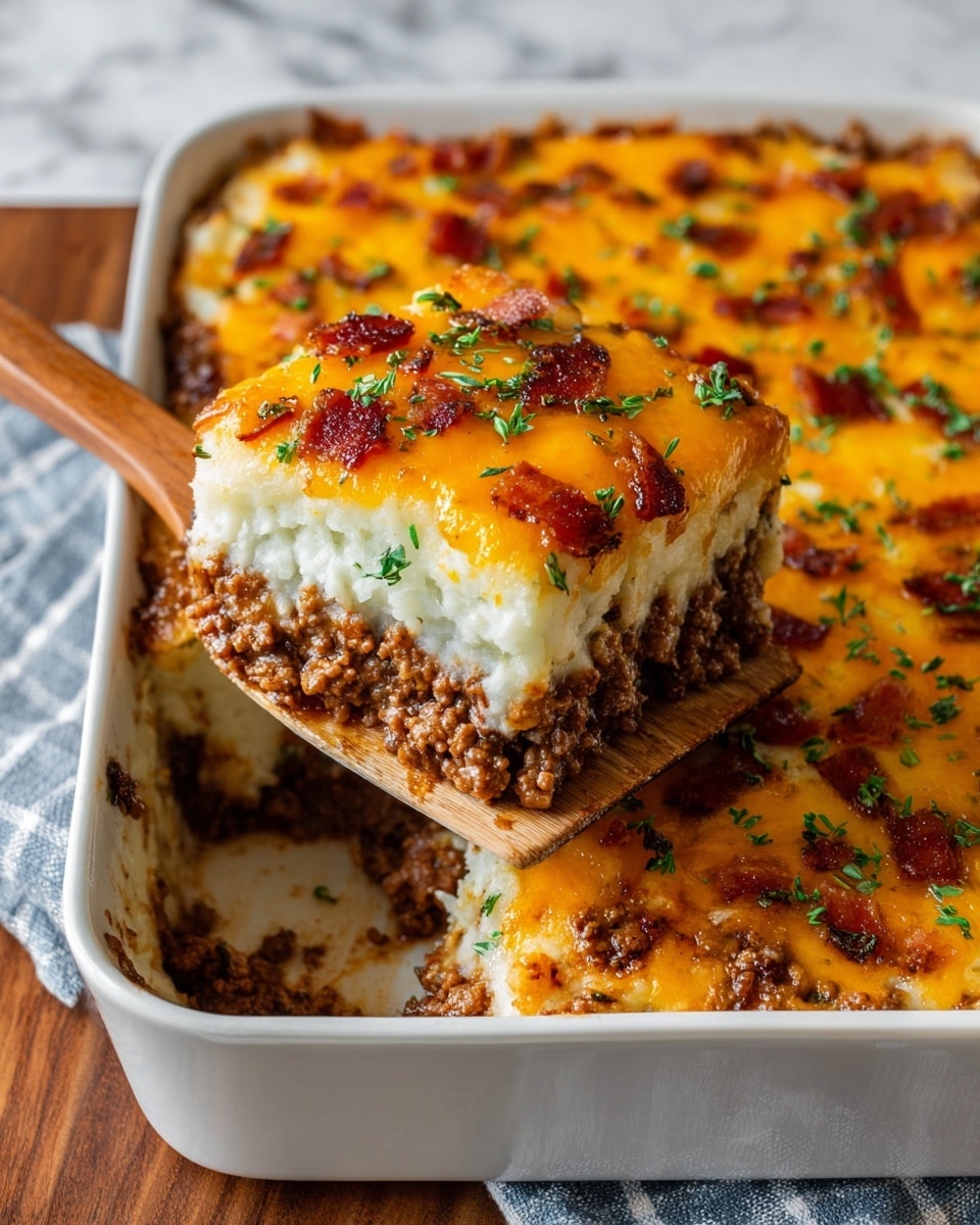 A thick square slice of layered casserole sits on a white plate on a white marbled texture surface; the dish has three main layers, starting with a bottom layer of browned, crumbly ground meat mixed with small bits of bacon, a middle layer of smooth, creamy mashed potatoes, and a top layer of melted golden cheese with browned spots and small green herb bits sprinkled on top; some crispy bacon pieces and chopped herbs are scattered around the plate edges, and in the background, a blurred bowl is visible. photo taken with an iphone --ar 4:5 --v 7