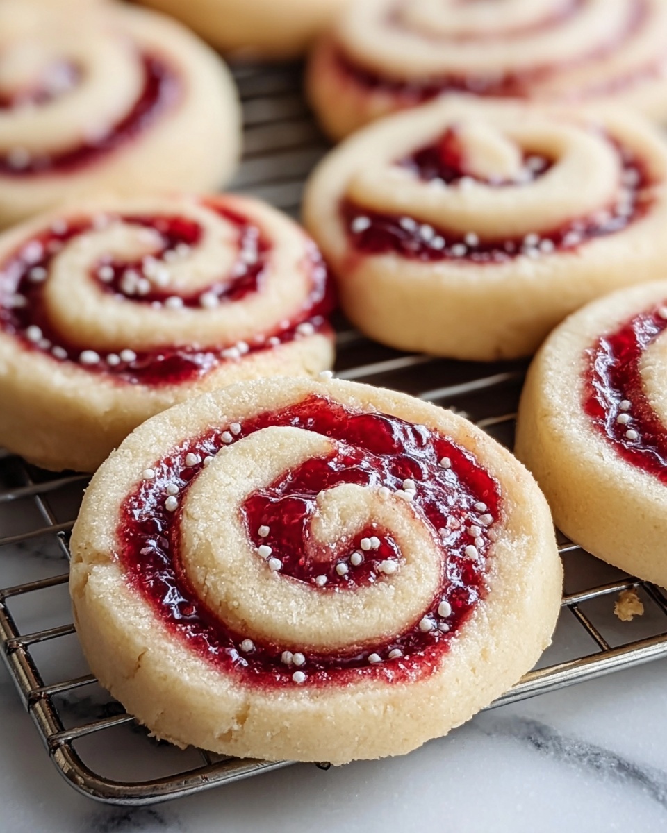 The image shows several round pastries with one main pastry in clear focus at the front. Each pastry has a spiral design made of two layers: a creamy beige dough layer that is thick and smooth, and a vivid red berry jam filling with a glossy, slightly chunky texture, twisted together in a swirl from the center. The edge of the dough is pinched neatly around the sides, creating soft folds and tiny holes. Light white sugar crystals are sprinkled on top, creating a subtle sparkle. The pastries rest on a light silver cooling rack placed on a white marbled surface. The photo was taken with an iphone --ar 4:5 --v 7