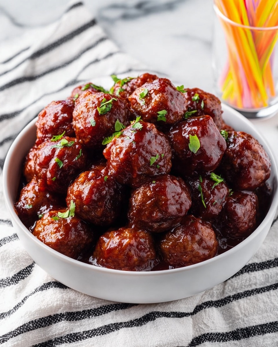 A black slow cooker filled with one layer of small brown meatballs covered in thick, shiny reddish-brown sauce. The slow cooker is placed on a white marbled surface with a white cloth with black stripes and a small glass container holding colorful toothpicks nearby. Photo taken with an iphone --ar 4:5 --v 7