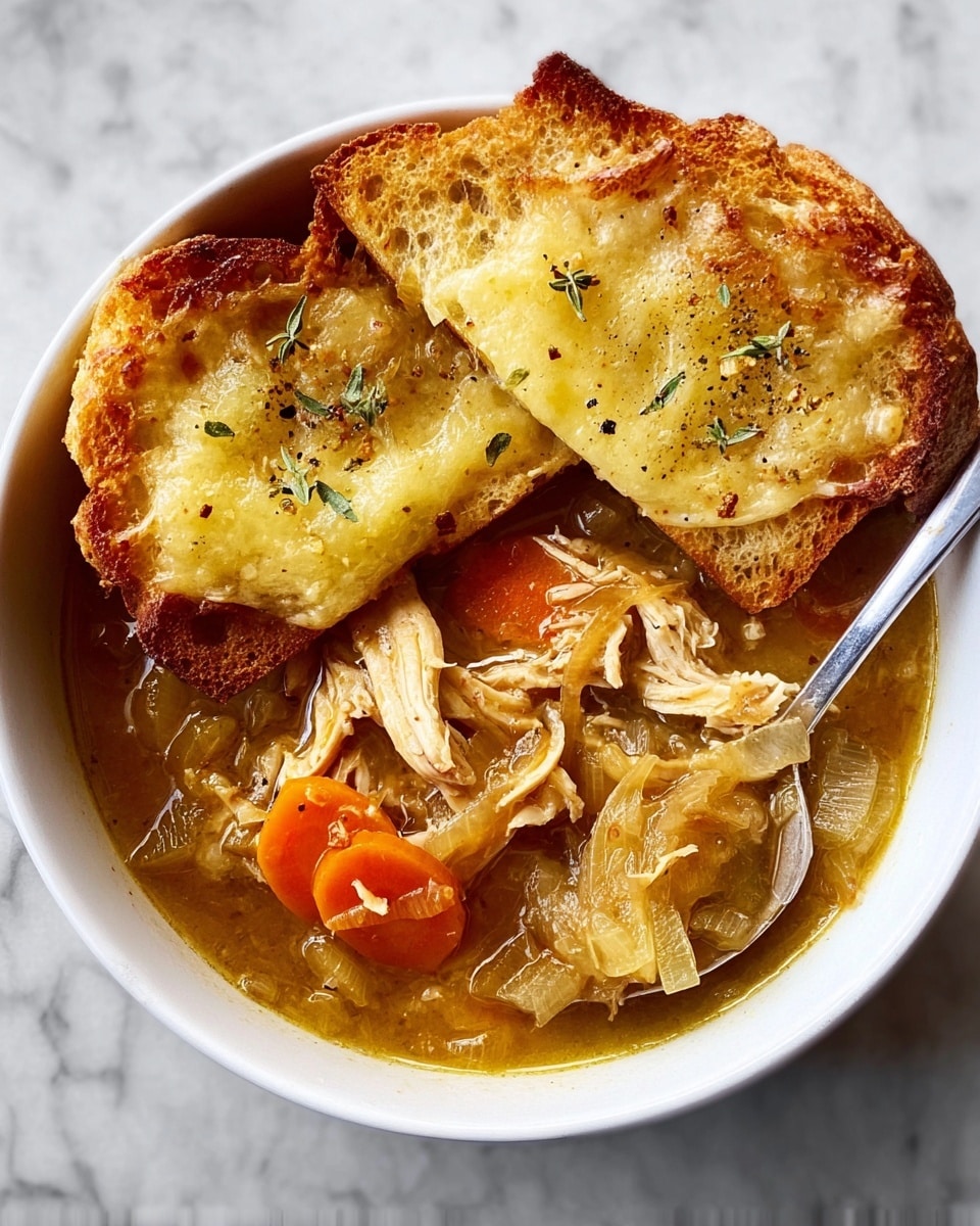 A white bowl is filled with clear, golden-brown soup loaded with soft, cooked onions and thick slices of orange carrots. Shredded pieces of light-colored chicken are visible in the broth, adding a meaty texture. On top, there are two pieces of toasted bread with bubbly melted cheese that is light yellow and slightly browned around the edges, sprinkled with small green herb leaves and a little black pepper. A silver spoon inside the bowl holds some onions, showing the soup’s rich texture. The bowl sits on a white marbled surface. Photo taken with an iphone --ar 4:5 --v 7