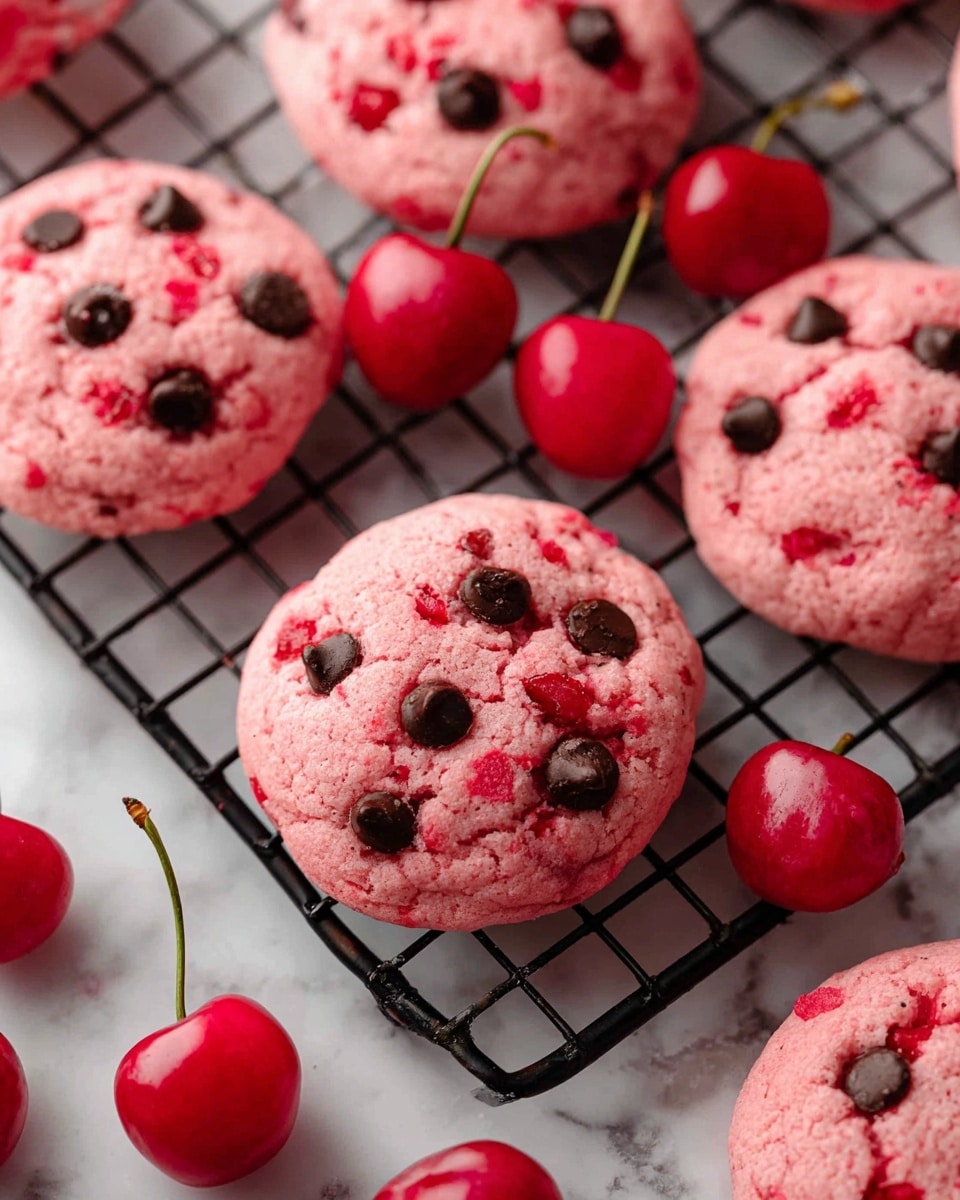 The image shows several round pink cookies with chocolate chips on top placed on a black wire cooling rack. The cookies have a soft, slightly rough texture with small red pieces inside. Around the cookies, bright red cherries with green stems are scattered, adding a fresh touch. The whole scene is set on a white marbled surface, making the colors of the cookies and cherries stand out. Photo taken with an iphone --ar 4:5 --v 7