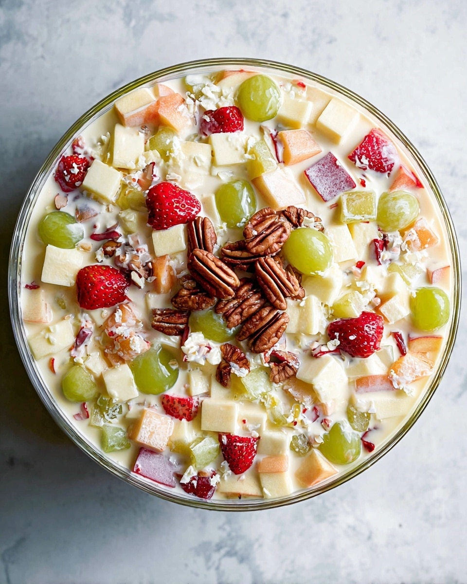 A top view of a large clear glass bowl filled with fruit salad, showing many small layers of mixed diced fruits in creamy white liquid. The visible layers include red strawberries with green tops scattered on the surface, green grapes cut in halves, diced pale yellow apples, and small pieces of white and light green marshmallows or jelly cubes. There are also whole pecans with a dark brown color laid on top. The surface beneath the bowl is white with a marbled texture. photo taken with an iphone --ar 4:5 --v 7