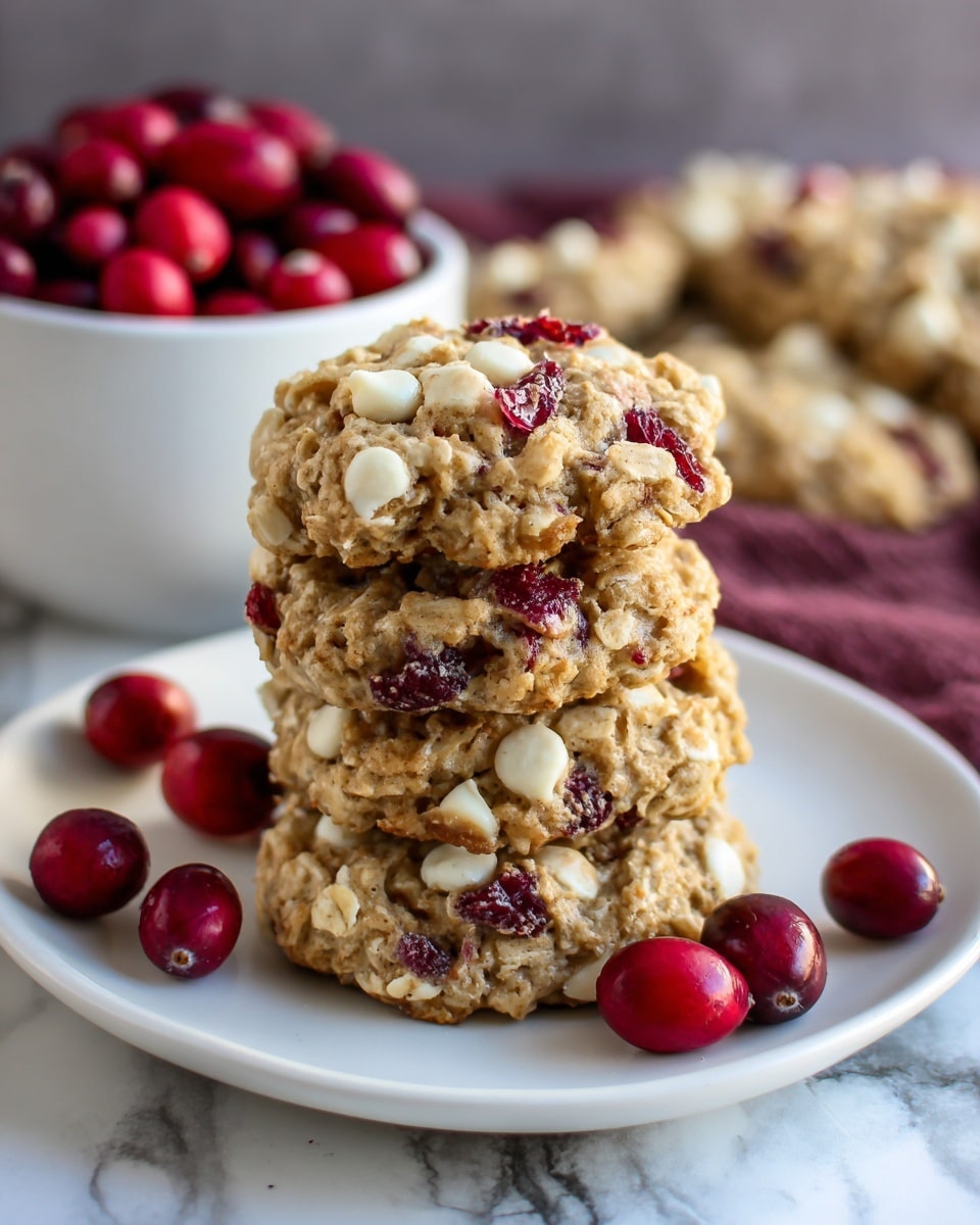 The image shows several oatmeal cookies with visible oats and red cranberries embedded throughout. The cookies have a rough, bumpy texture with a light beige color mixed with darker brown spots, likely from cinnamon or spices. Each cookie appears thick and uneven in shape, placed on white parchment paper with faint grey and red patterns on a white marbled surface. The focus is on the closest cookie in the center, showing detailed texture and cranberries, while the other cookies in the background are slightly blurred. photo taken with an iphone --ar 4:5 --v 7