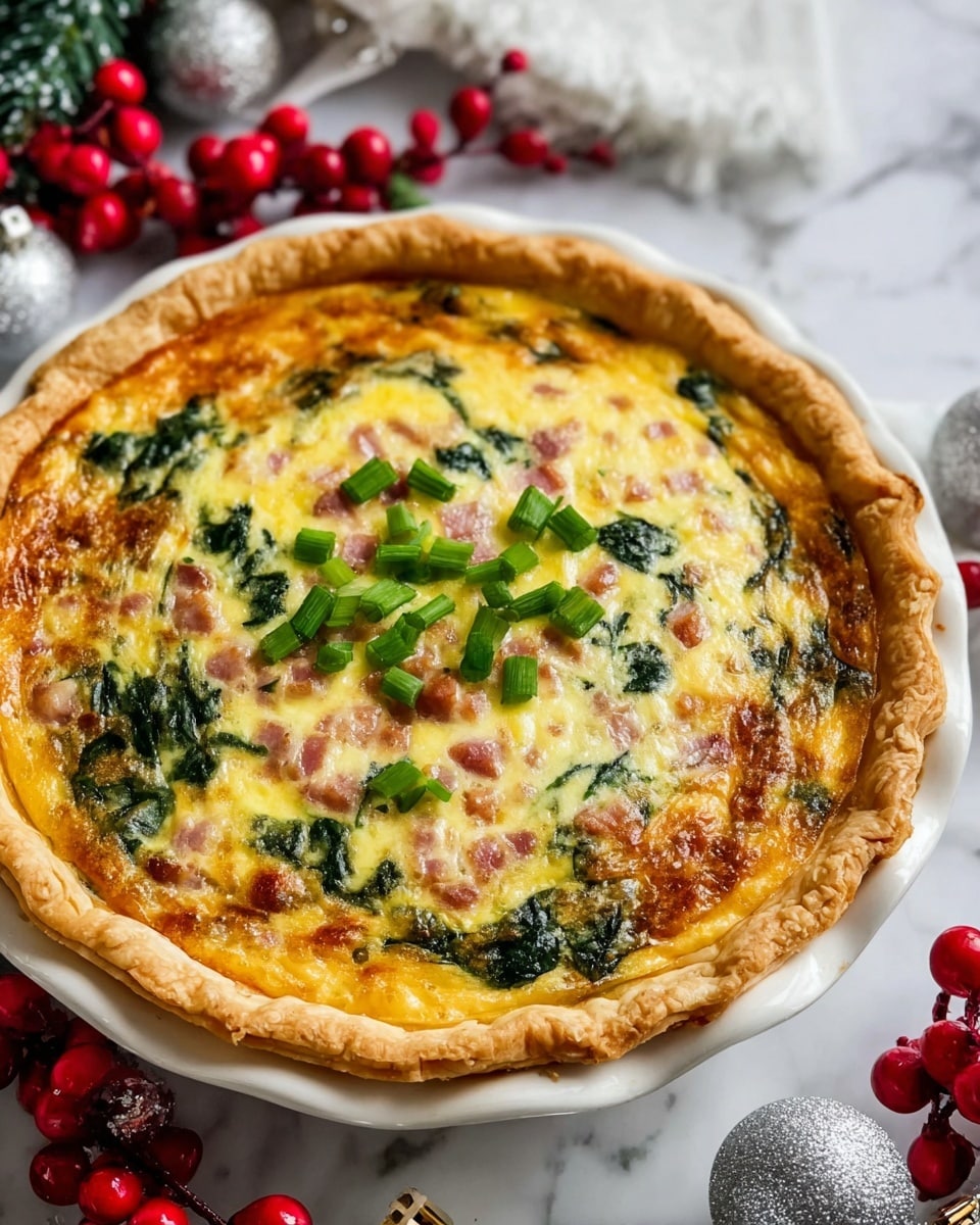 A white plate holds a golden brown quiche with a flaky crust edge. The quiche has two main layers: a creamy yellow egg layer mixed with green spinach and small pinkish ham pieces evenly spread throughout, topped with chopped bright green scallions. The surface looks slightly browned and bubbly. The plate sits on a white marbled surface with holiday decorations around it, including red berries and silver glitter ornaments, creating a festive atmosphere. Photo taken with an iphone --ar 4:5 --v 7