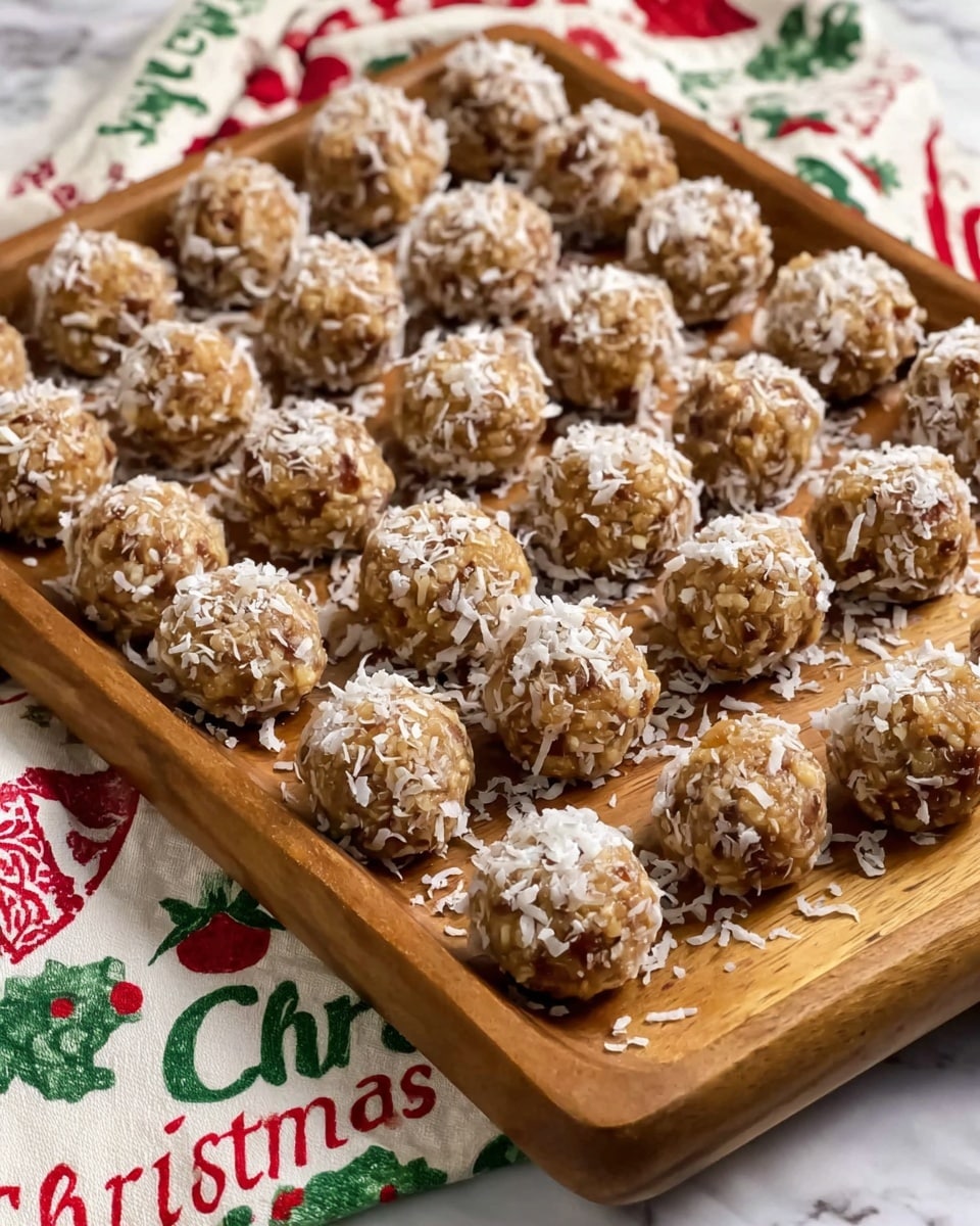 A wooden tray filled with small round snack balls arranged closely in several rows. Each ball has a light brown color with visible bits inside and is sprinkled with shredded white coconut on top. The tray is set on a white marbled surface with a festive cloth underneath featuring red and green Christmas-themed text and designs. photo taken with an iphone --ar 4:5 --v 7