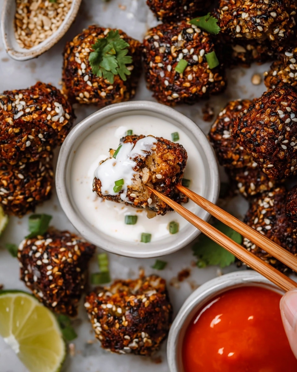 The image shows a black tray lined with brown parchment paper holding about sixteen pieces of dark, crispy, nut-coated bites. These bites are sprinkled with white sesame seeds and small green herb pieces, with tiny red chili bits scattered throughout. The top right corner has two lime wedges, and a few sprigs of fresh cilantro lie nearby. Two small white ceramic bowls sit on the tray: one filled with a bright orange-red dipping sauce with visible chili pieces, and the other with a creamy white sauce topped with green herbs. One nut-coated bite is dipped partially into the white sauce. The whole setup rests on a white marbled surface. photo taken with an iphone --ar 4:5 --v 7