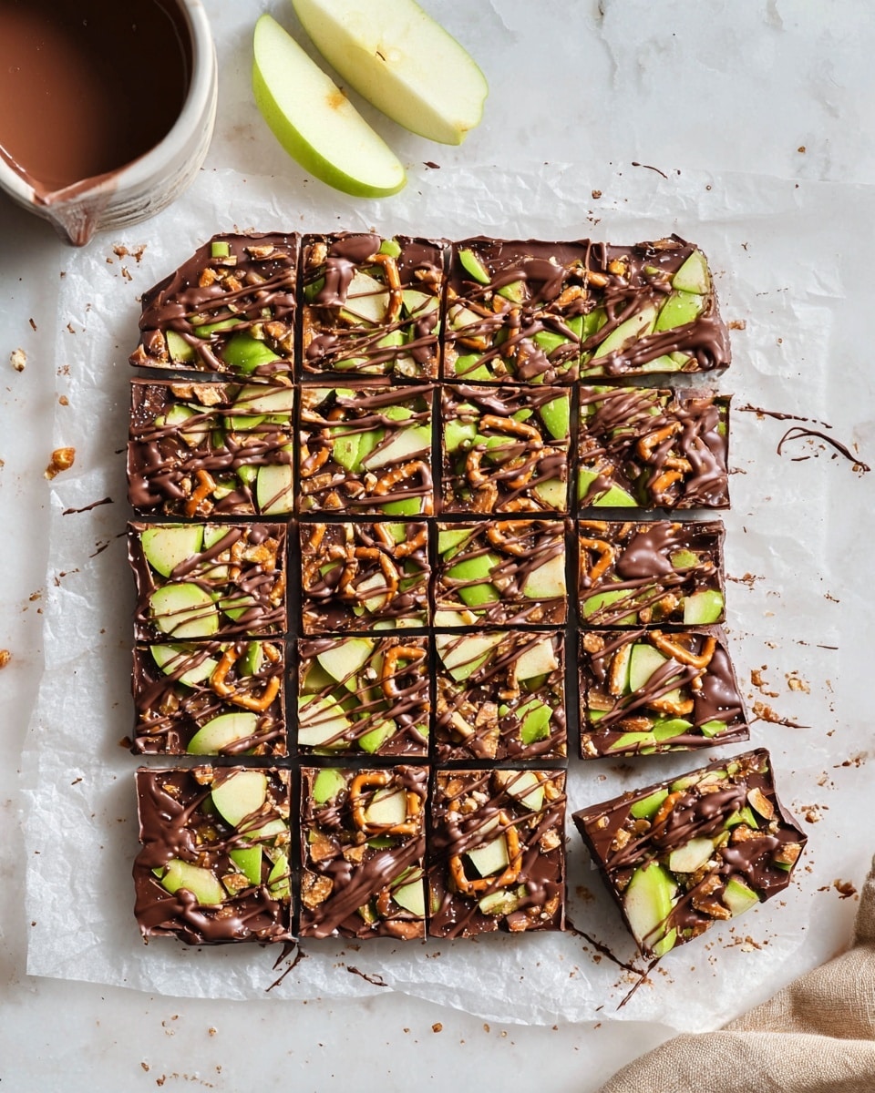 The image shows a square chocolate bark divided into 16 small squares with one piece slightly separated. The bark has a thick, smooth dark brown chocolate base topped with crunchy brown pretzel pieces and bright green apple chunks scattered evenly across the surface. Thin lines of chocolate drizzle cover the toppings, adding extra texture and shine. The bark is placed on white parchment paper on a white marbled surface with a white cup filled with melted chocolate and pretzel pieces to the side. A green apple slice is partially visible in the top left corner. photo taken with an iphone --ar 4:5 --v 7