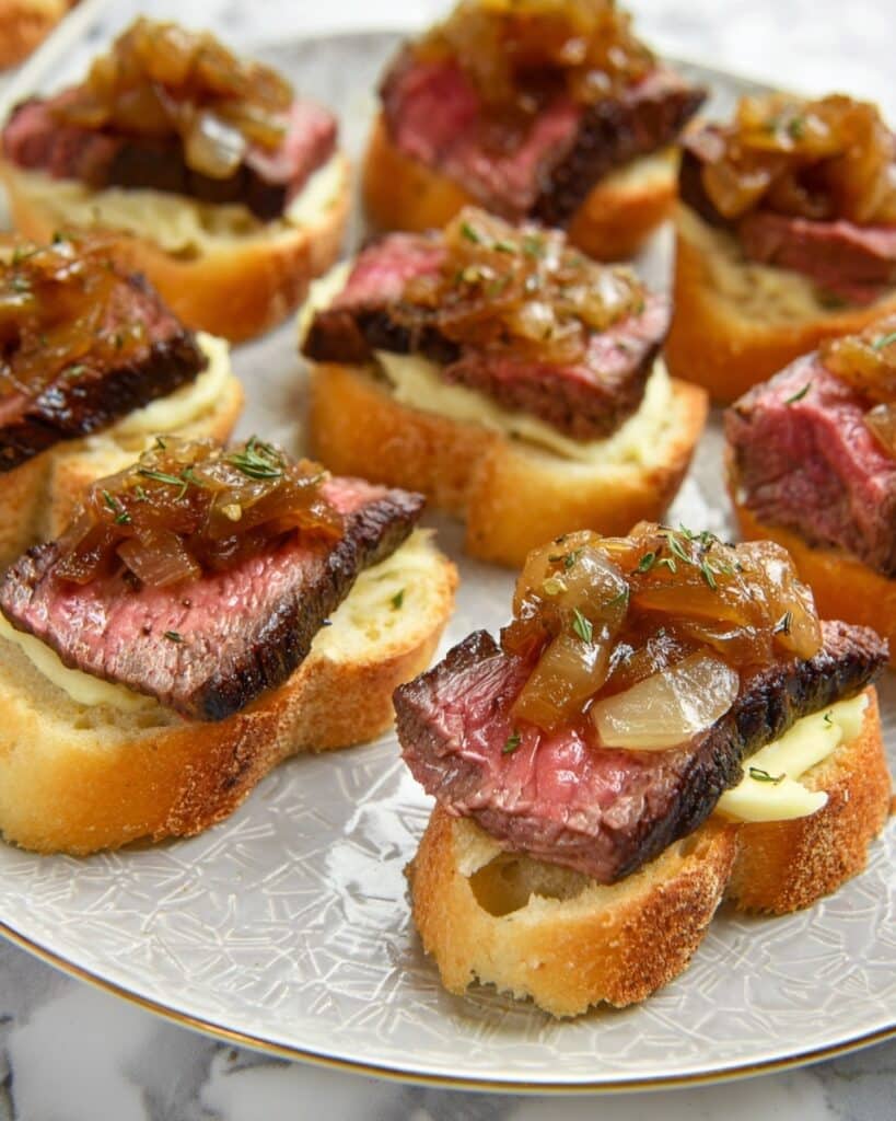 Steak Crostini with Creamy Horseradish Sauce and Caramelized Shallots Recipe