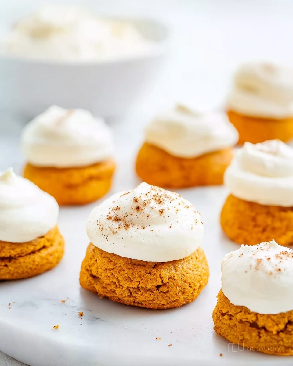 Six small orange pumpkin cookie bites sit on a white round marble platter, each topped with a thick layer of creamy white frosting. The cookies have a rough, crumbly texture and irregular shapes, while the frosting is smooth and spread generously on top, almost like soft dollops. The platter sits against a bright, softly lit white marbled background, giving the scene a clean and fresh look. In the background, a clear bowl with more white frosting is slightly blurred, and a copper spoon rests on the marble surface near the platter. photo taken with an iphone --ar 4:5 --v 7