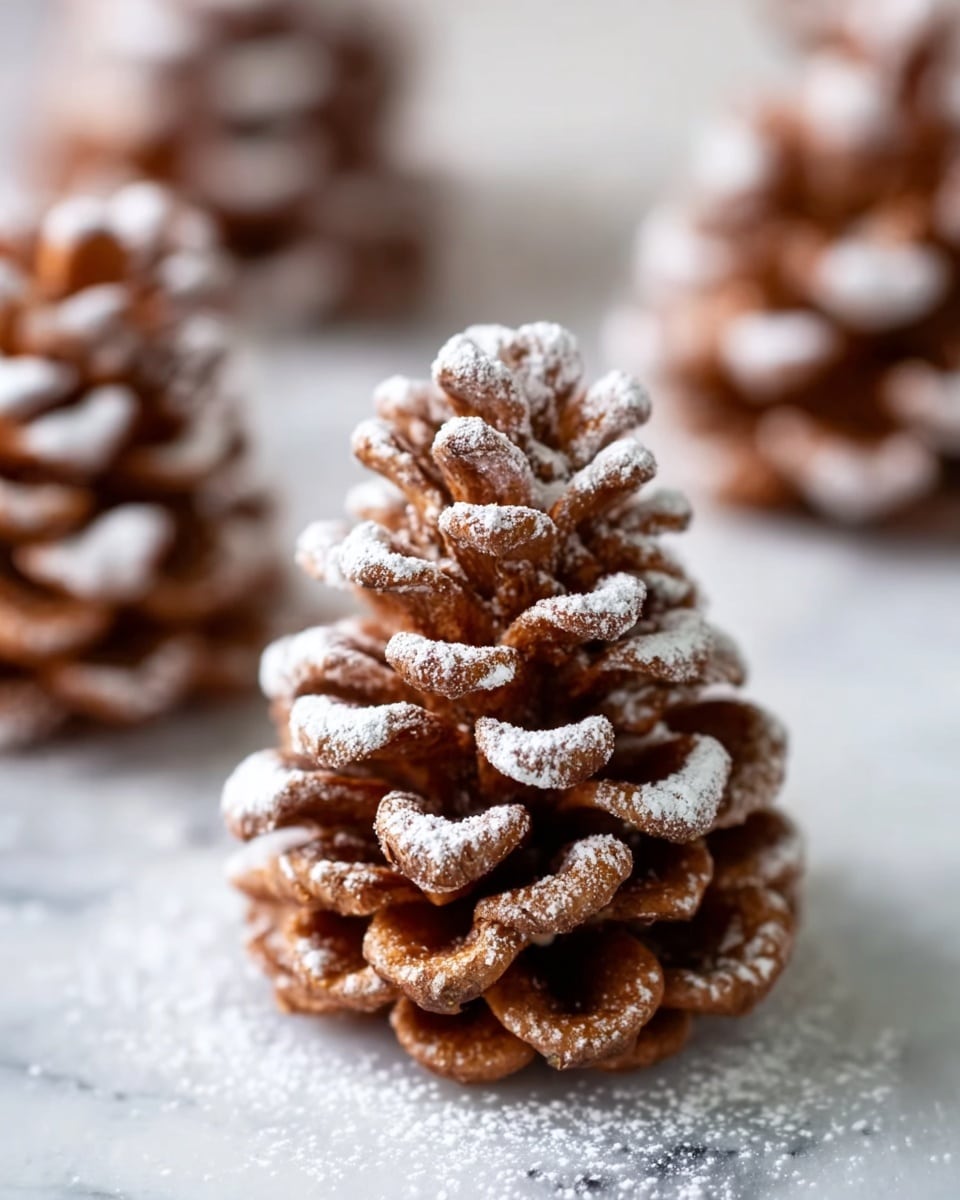 The image shows several pinecone-shaped desserts arranged on a metal baking tray placed on a white marbled surface. Each pinecone dessert has multiple layers of thin, brown, curled pieces stacked vertically to look like pinecone scales. They are topped with a light dusting of white powdered sugar, which gives a snowy effect on the brown layers. The textures of the layers are slightly rough and crumbly, resembling the natural irregularities of pinecone scales. The background is softly blurred, keeping the focus on the desserts in the front. photo taken with an iphone --ar 4:5 --v 7