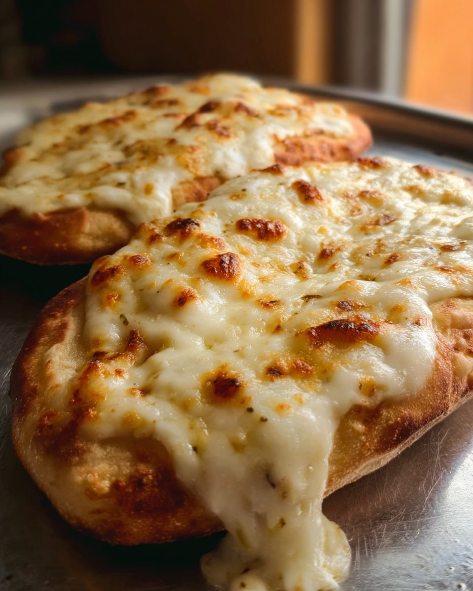 Two small oval bread loaves filled with melted cheese sit on a metal tray. Each loaf has one visible layer: the bottom layer is golden brown bread with a textured crust, and the top layer is white melted cheese with golden brown spots where it is baked. One loaf has a small overflow of cheese running down its side. The background is a white marbled texture. Photo taken with an iphone --ar 4:5 --v 7